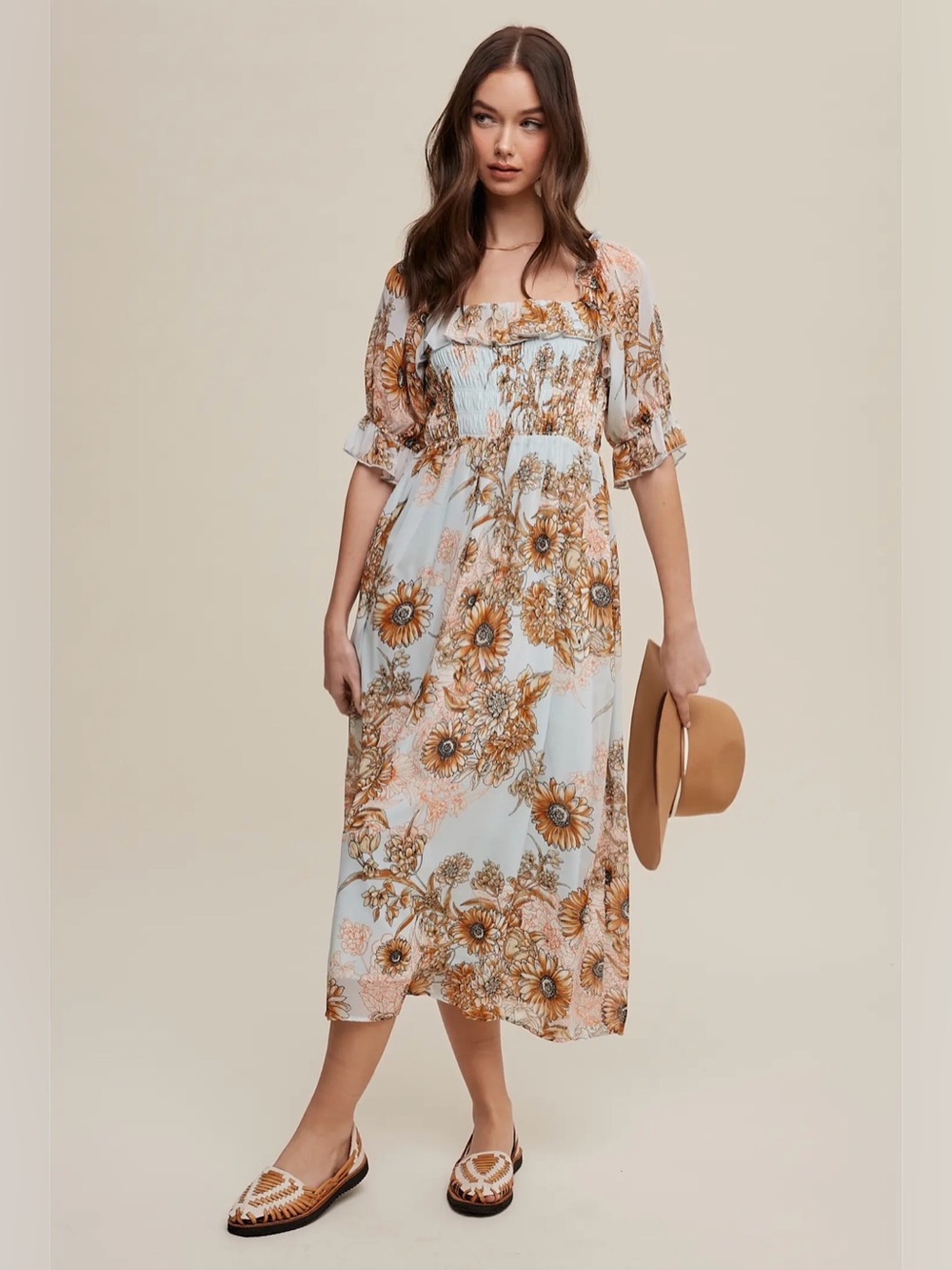 Floral Smocked Midi Dress in Light Blue and Brown - Picture 2 of 5